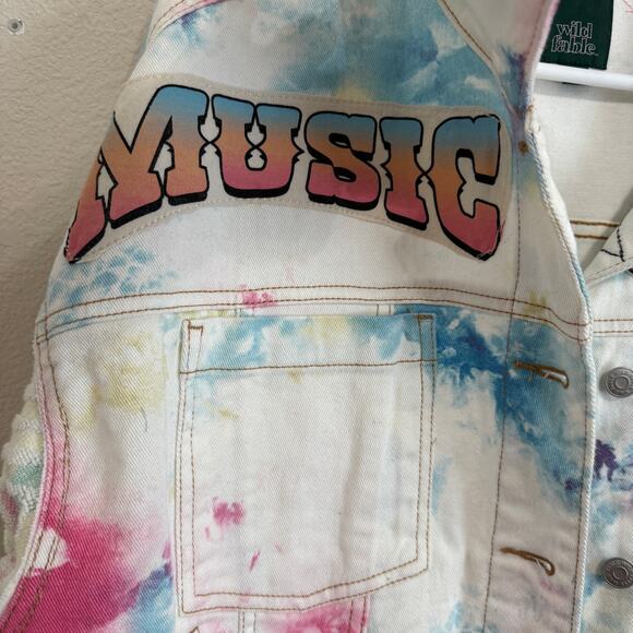 Upcycled Wild Fable Pastel Tie Dye Trucker Jacket w/Graphic & Towel Sleeves XL - Picture 5 of 12